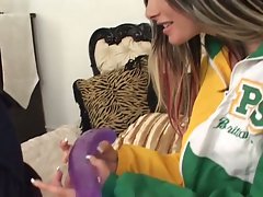 Sexy lesbian cheerleaders love dildo action